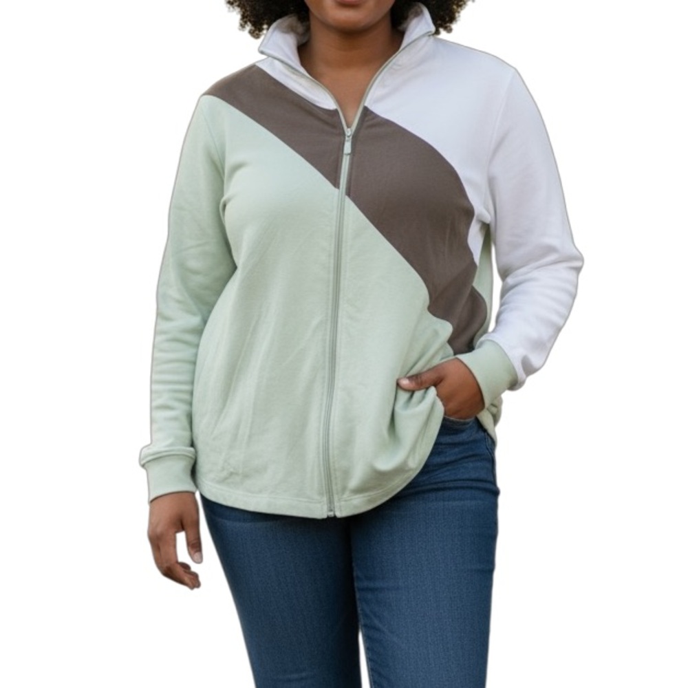 Denim & Co Colorblock Women's Jacket Pastel Green/Brown/White Size 1X
